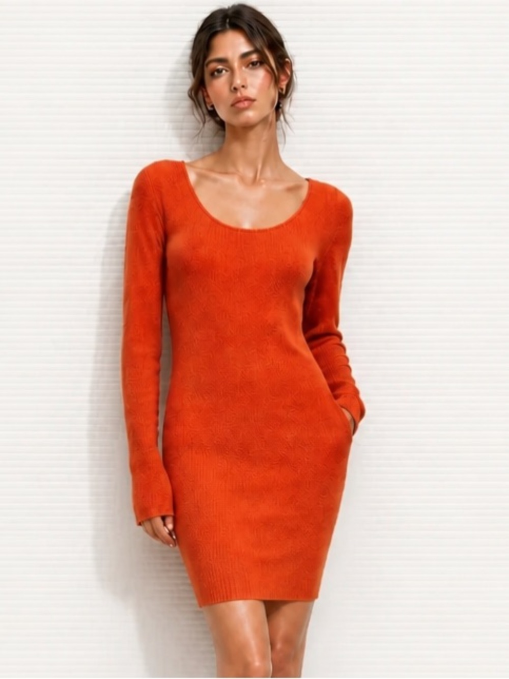 FREE PEOPLE Sweater Dress Knit Mini Bodycon Boho Stretchy Back Scoop Orange Red